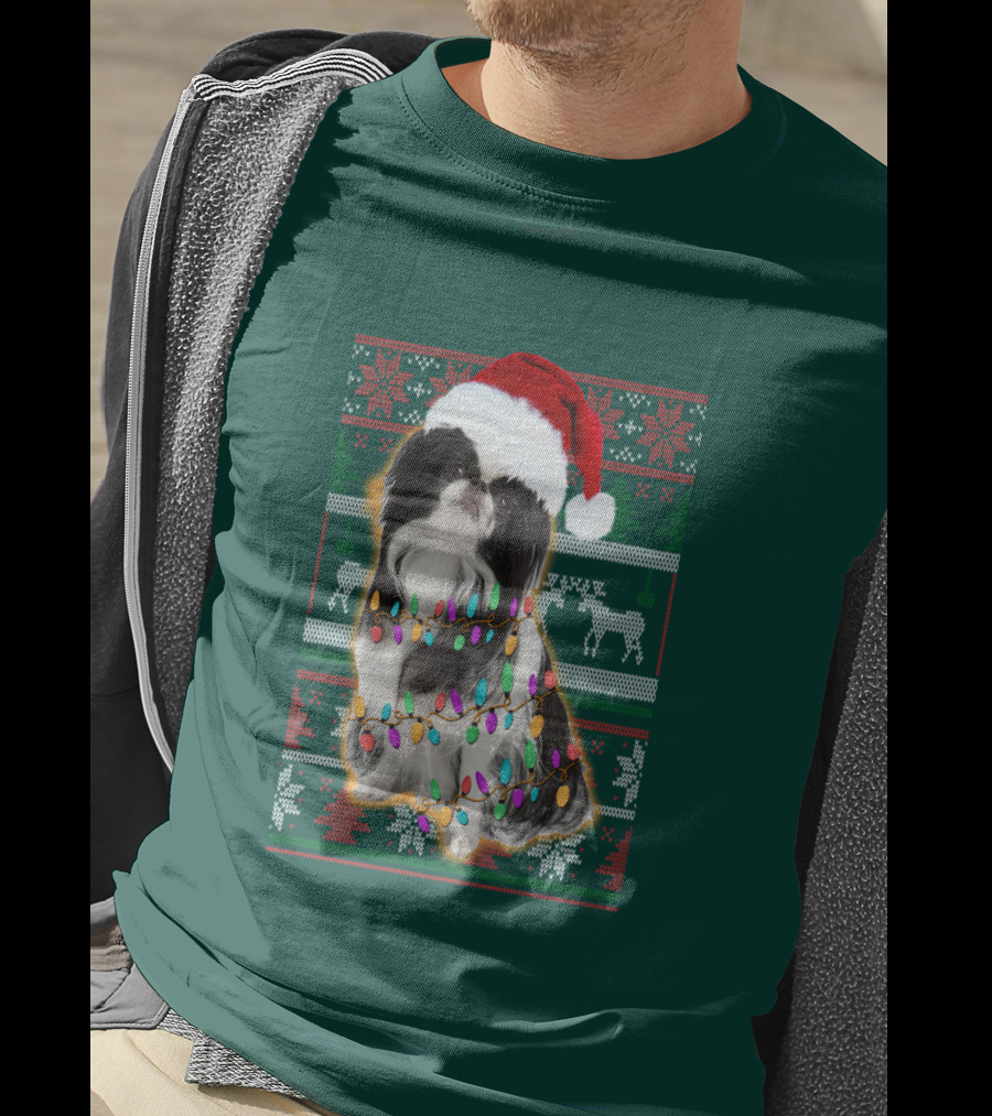 Japanese Chin Christmas Lights Sweater Santa Hat T-Shirt