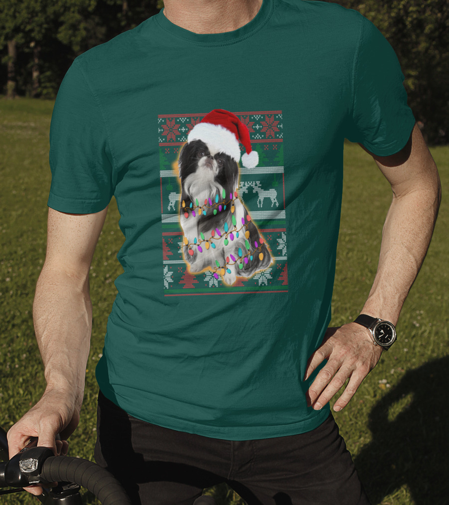 Japanese Chin Christmas Lights Sweater Santa Hat T-Shirt