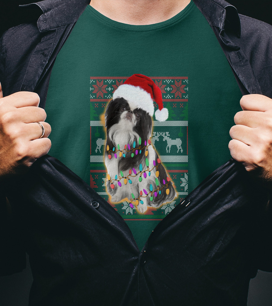 Japanese Chin Christmas Lights Sweater Santa Hat T-Shirt