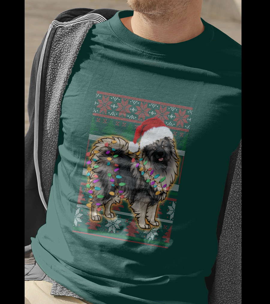 Keeshond Christmas Santa Hat And Lights Festive T-Shirt