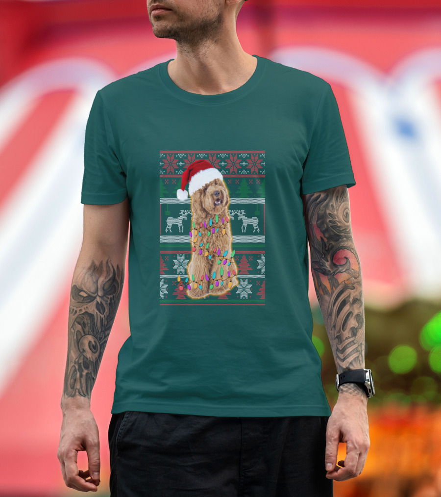 Labradoodle Christmas Lights Santa Hat Reindeer Snowflakes Green T-Shirt