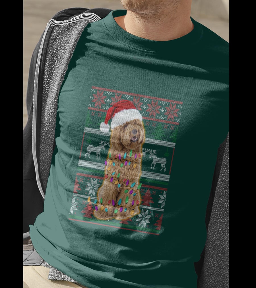 Labradoodle Christmas Lights Santa Hat Reindeer Snowflakes Green T-Shirt