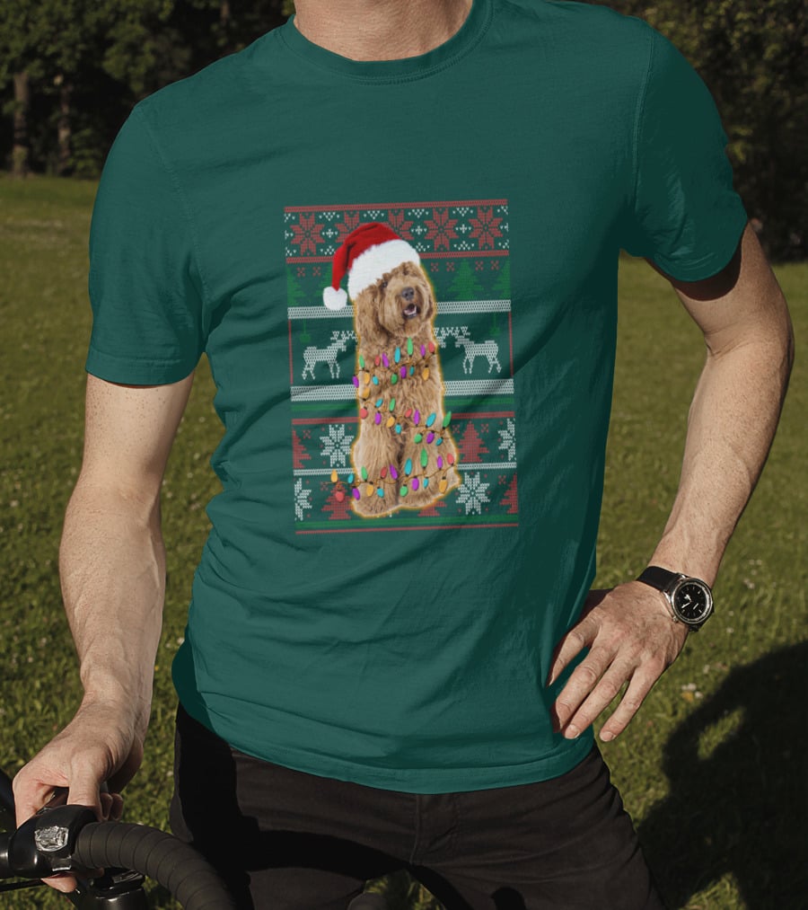 Labradoodle Christmas Lights Santa Hat Reindeer Snowflakes Green T-Shirt