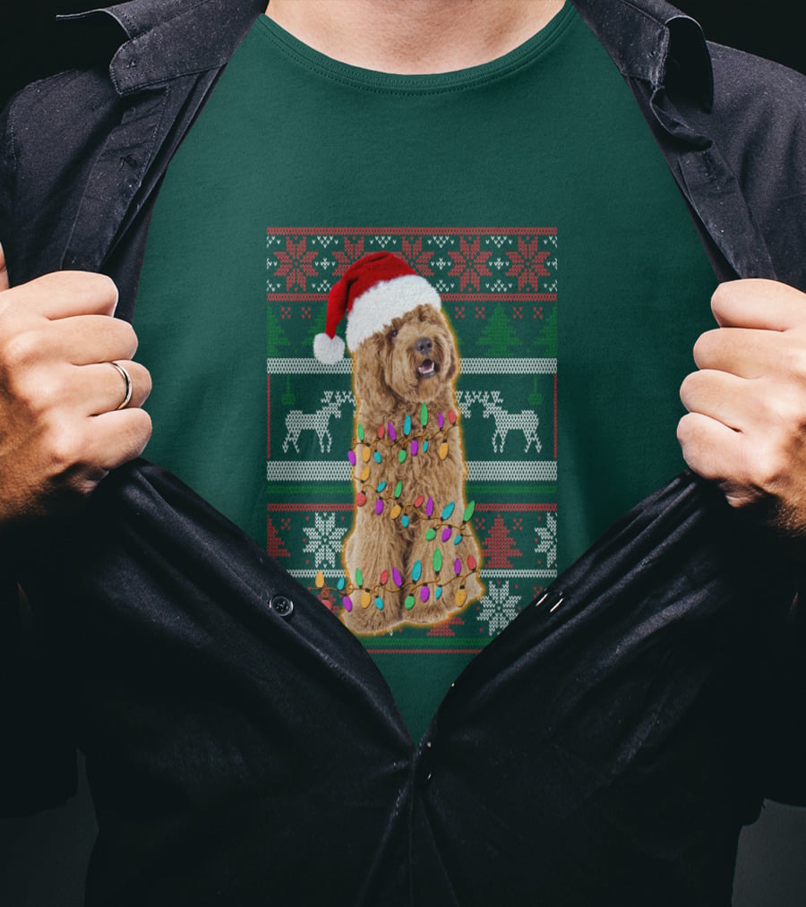 Labradoodle Christmas Lights Santa Hat Reindeer Snowflakes Green T-Shirt