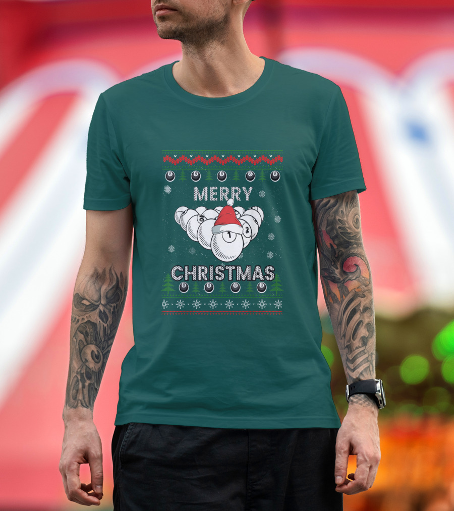 Merry Christmas Santa Hat Billiards Pool Balls Holiday Snowflakes T-Shirt