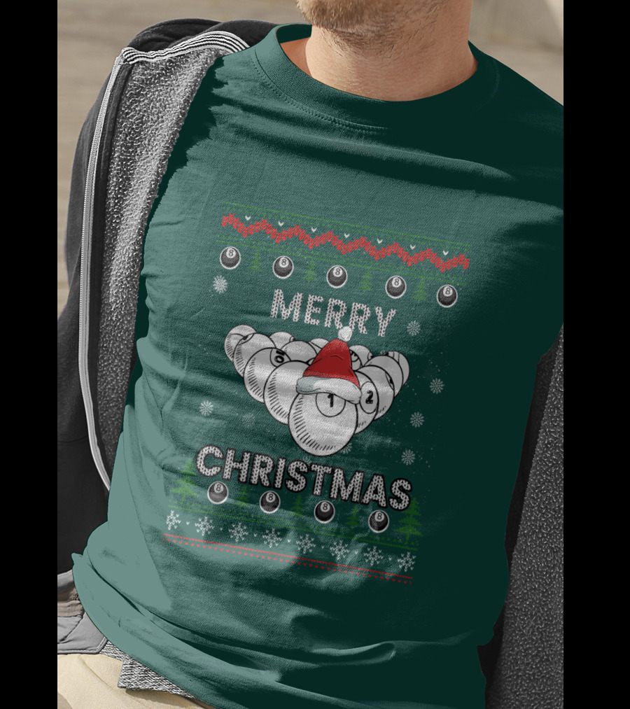 Merry Christmas Santa Hat Billiards Pool Balls Holiday Snowflakes T-Shirt