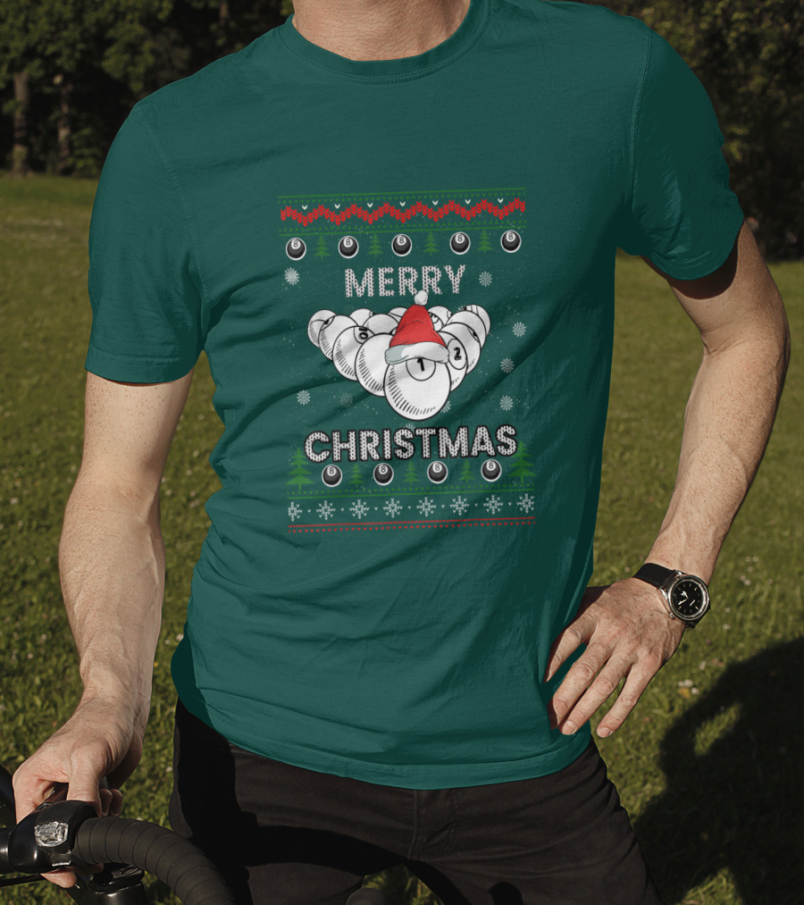 Merry Christmas Santa Hat Billiards Pool Balls Holiday Snowflakes T-Shirt
