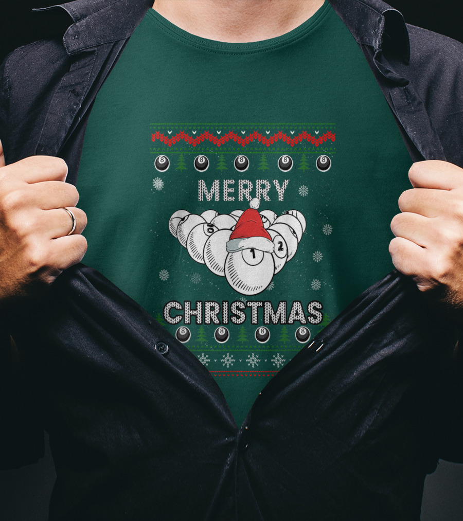 Merry Christmas Santa Hat Billiards Pool Balls Holiday Snowflakes T-Shirt