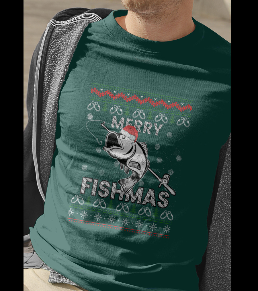 Merry Fishmas Fishing Santa Hat Bass Ugly Christmas T-Shirt