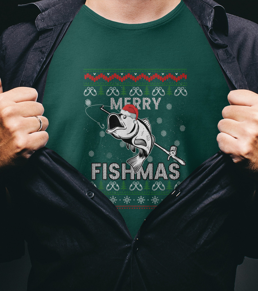 Merry Fishmas Fishing Santa Hat Bass Ugly Christmas T-Shirt