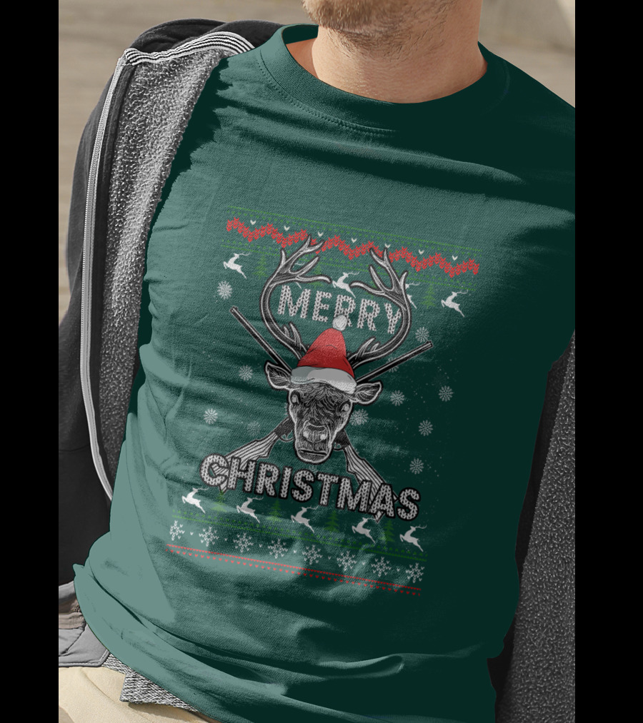 Merry Christmas Hunting Deer Antlers Santa Hat Snowflakes T-Shirt