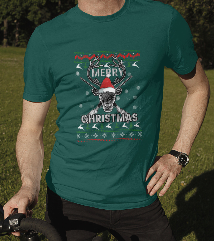 Merry Christmas Hunting Deer Antlers Santa Hat Snowflakes T-Shirt