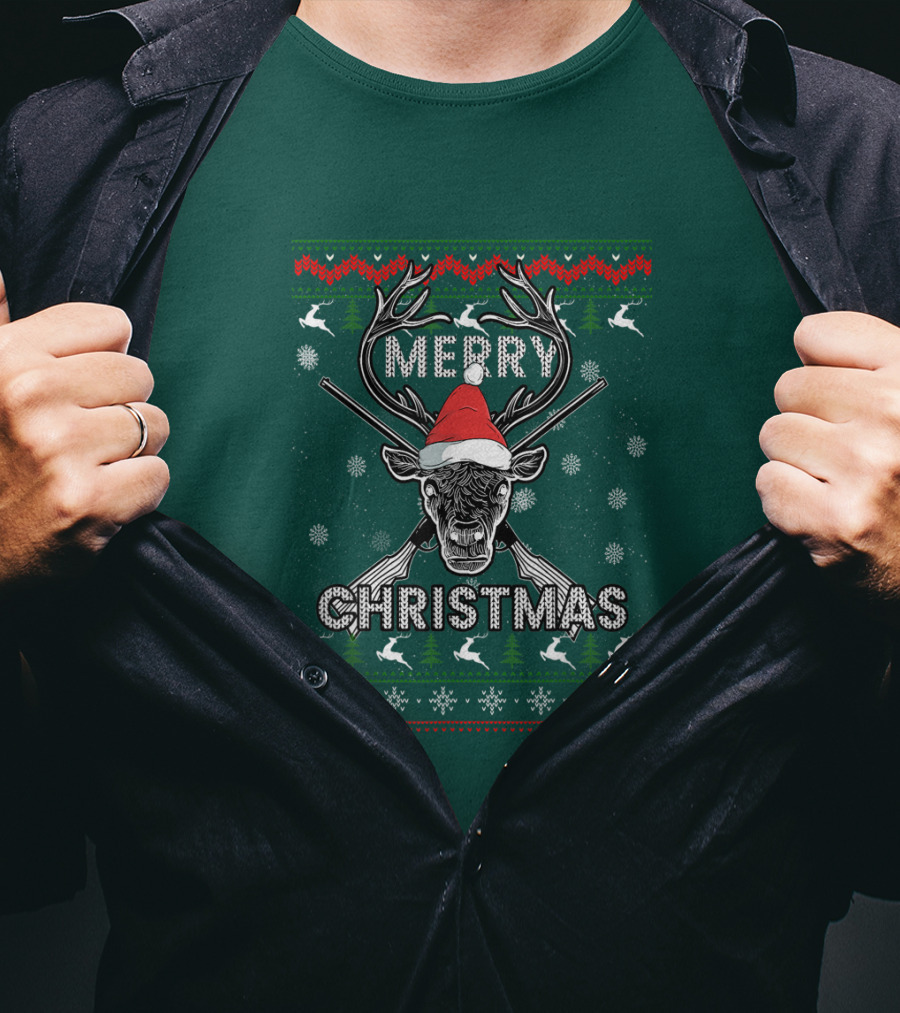 Merry Christmas Hunting Deer Antlers Santa Hat Snowflakes T-Shirt