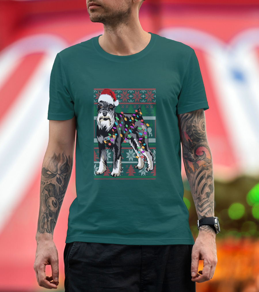 Miniature Schnauzer Christmas Sweater Santa Hat and Holiday Lights T-Shirt