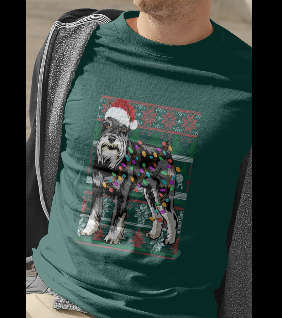 Miniature Schnauzer Christmas Sweater Santa Hat And Holiday Lights T-Shirt
