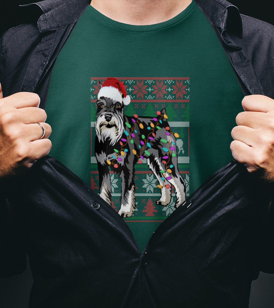 Miniature Schnauzer Christmas Sweater Santa Hat And Holiday Lights T-Shirt