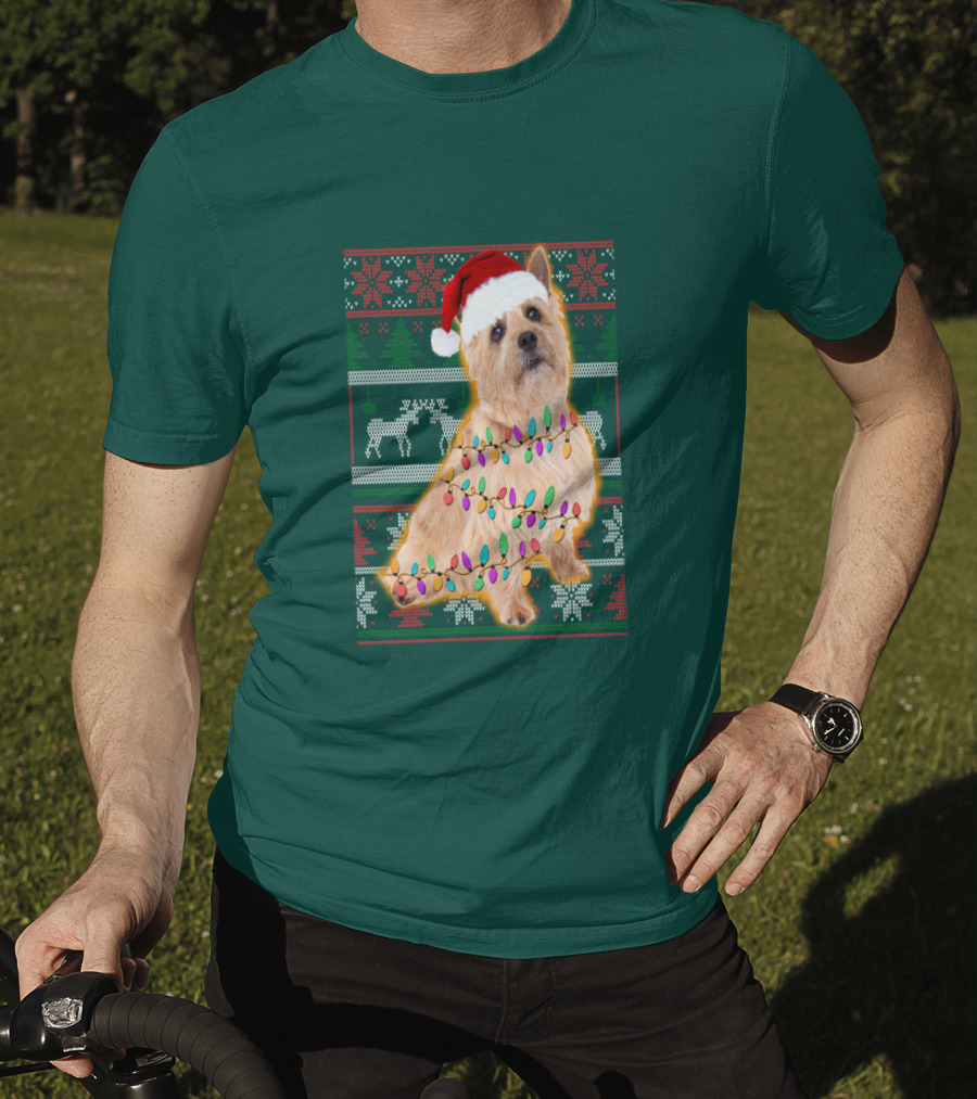 Norfolk Terrier Christmas Lights Sweater Santa Hat T-Shirt