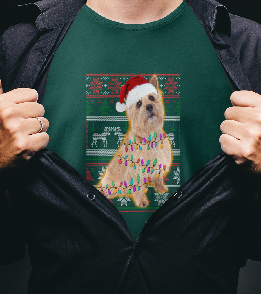 Norfolk Terrier Christmas Lights Sweater Santa Hat T-Shirt
