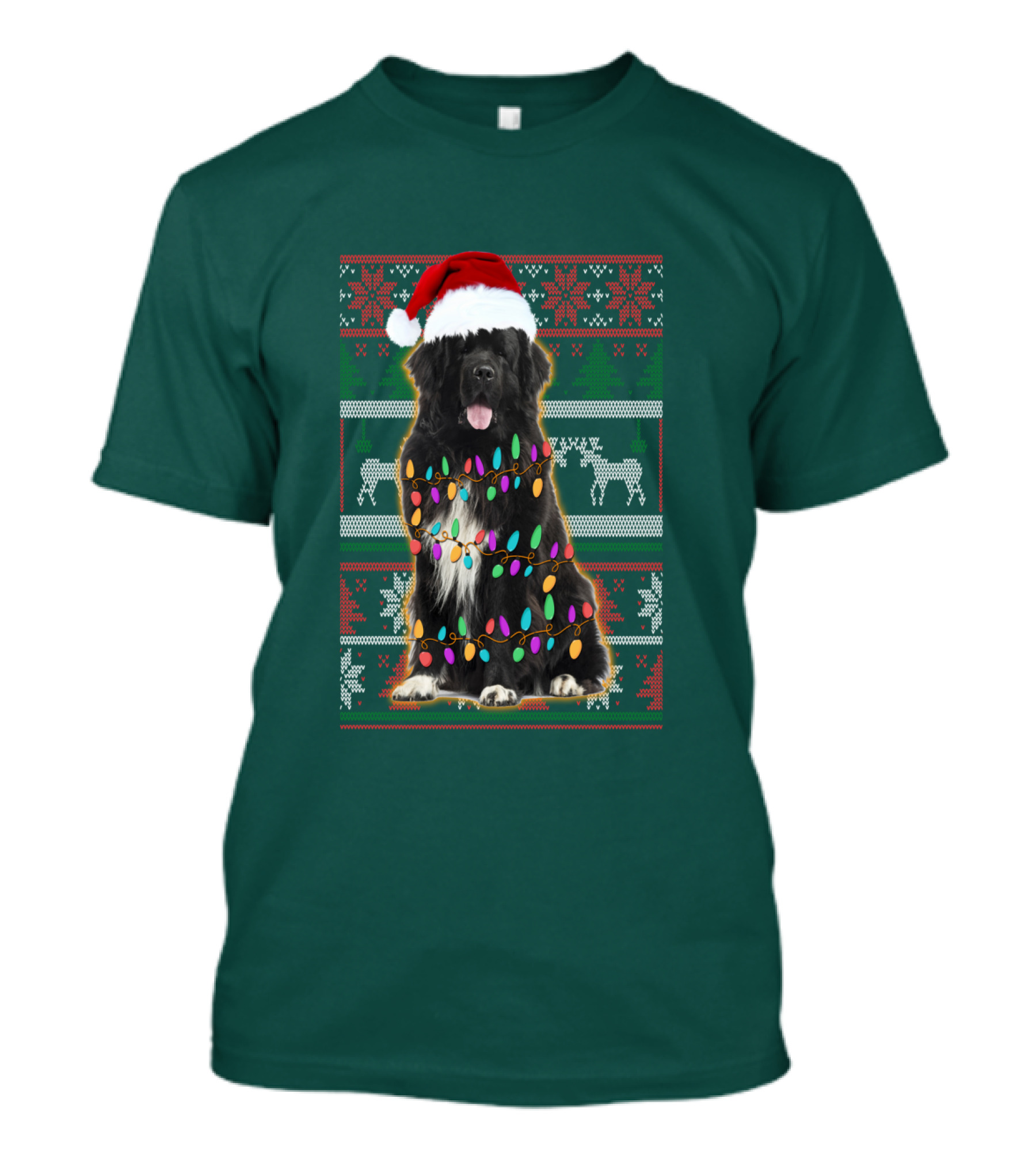Newfoundland Dog Christmas Lights Santa Hat Ugly T-Shirt