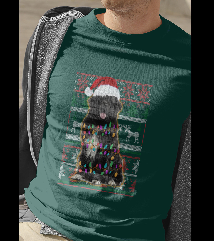 Newfoundland Dog Christmas Lights Santa Hat Ugly T-Shirt