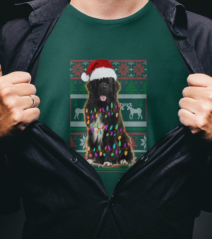 Newfoundland Dog Christmas Lights Santa Hat Ugly T-Shirt
