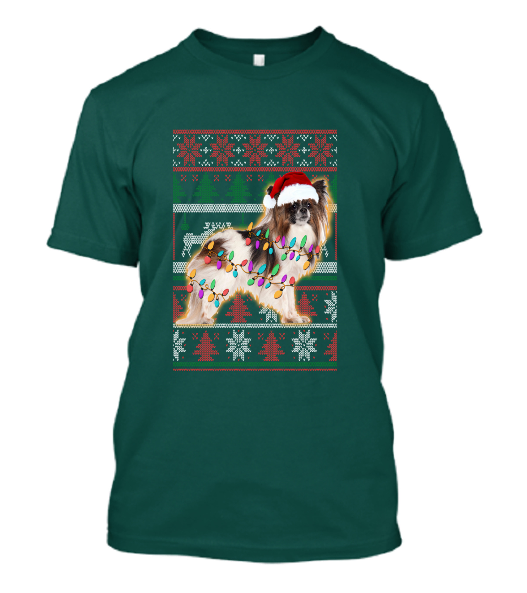 Papillon Dog In Christmas Sweater With Lights And Santa Hat T-Shirt