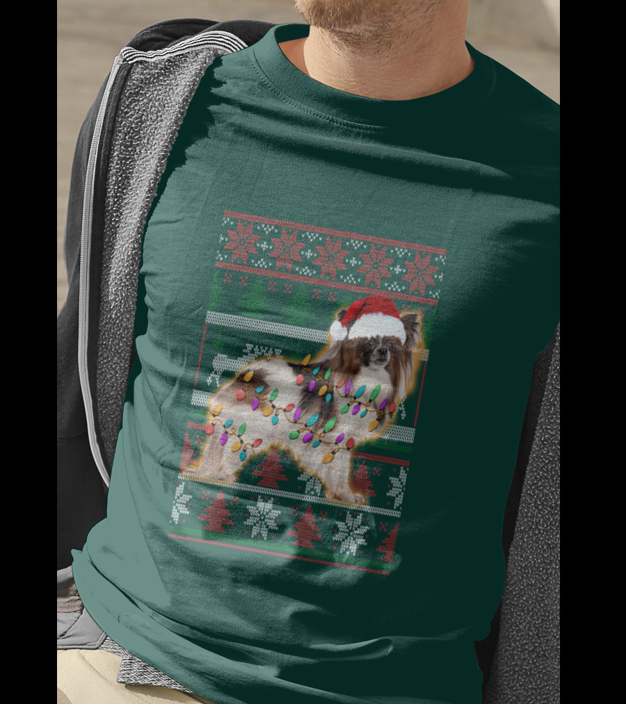 Papillon Dog In Christmas Sweater With Lights And Santa Hat T-Shirt