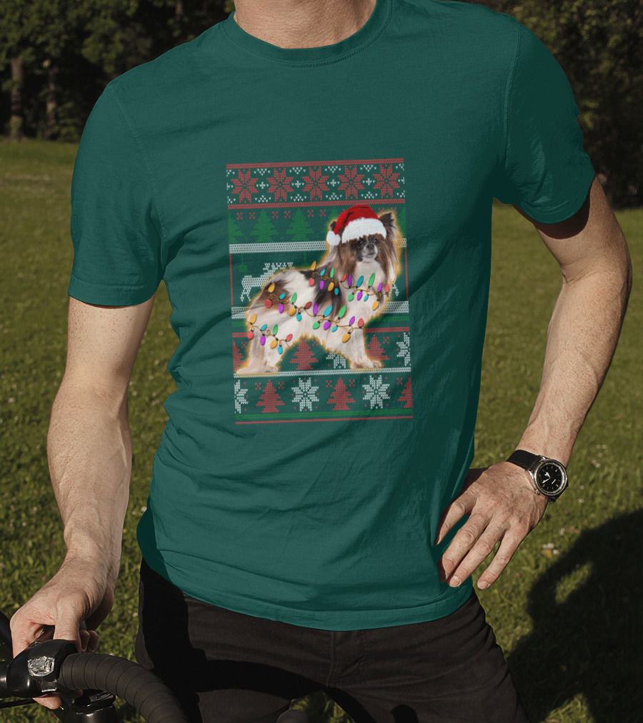 Papillon Dog In Christmas Sweater With Lights And Santa Hat T-Shirt