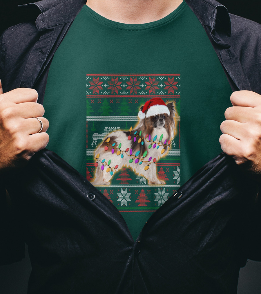 Papillon Dog In Christmas Sweater With Lights And Santa Hat T-Shirt