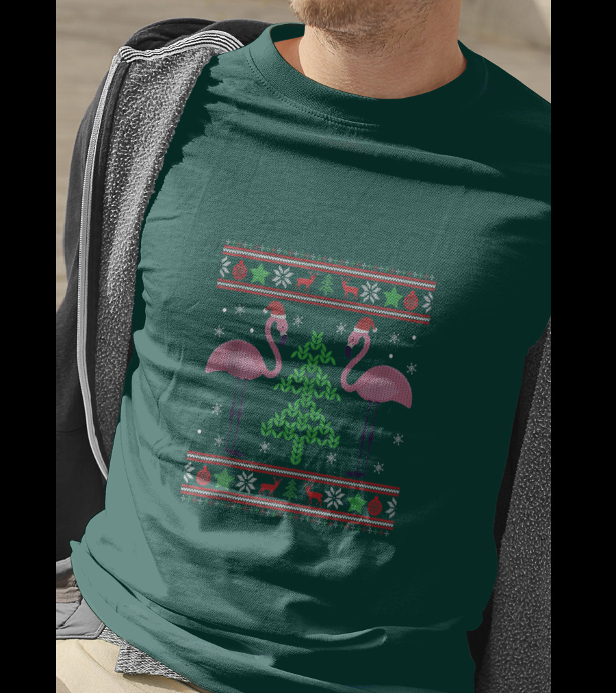 Pink Flamingos Santa Hat Christmas Tree Ugly T-Shirt