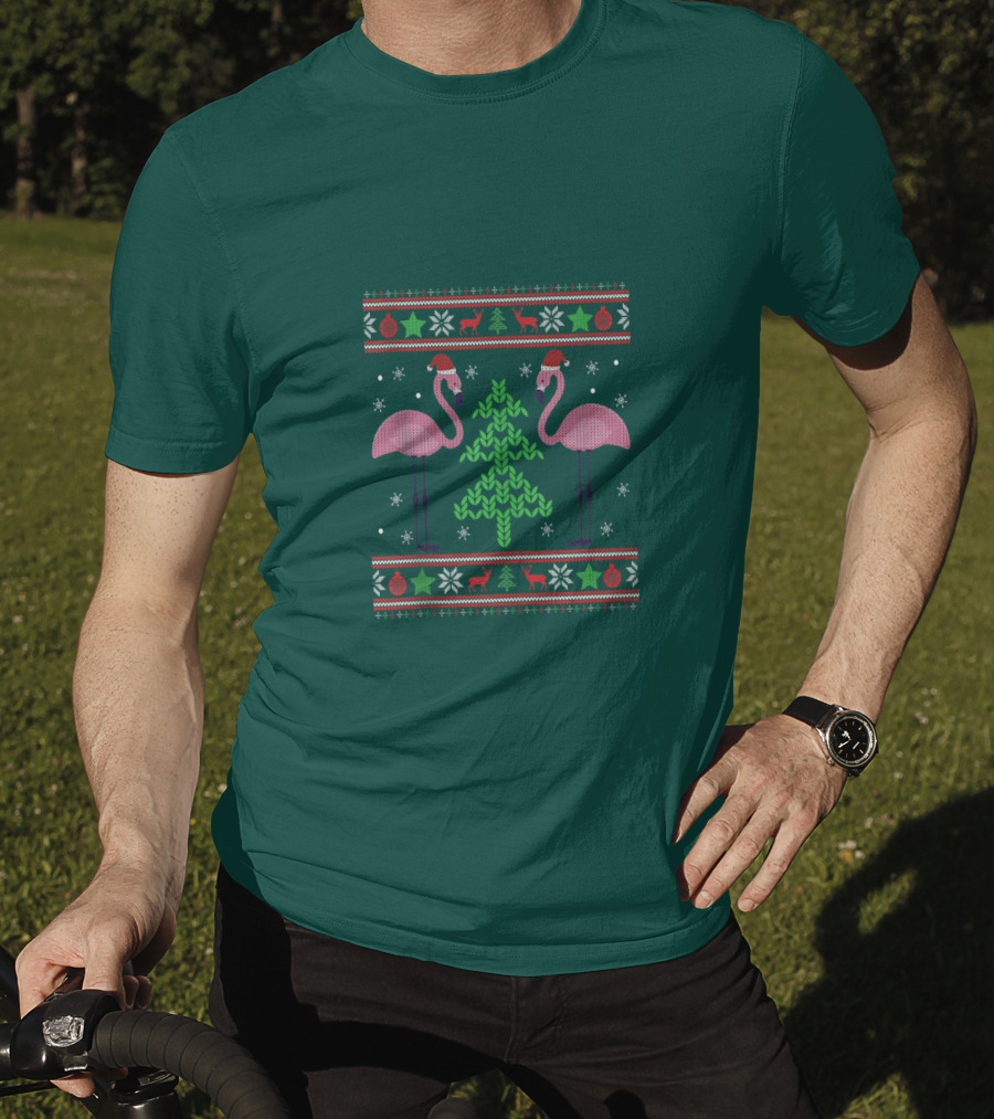 Pink Flamingos Santa Hat Christmas Tree Ugly T-Shirt