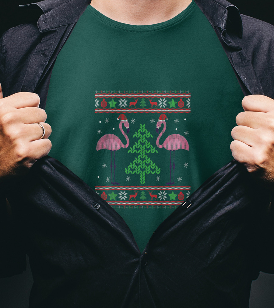 Pink Flamingos Santa Hat Christmas Tree Ugly T-Shirt