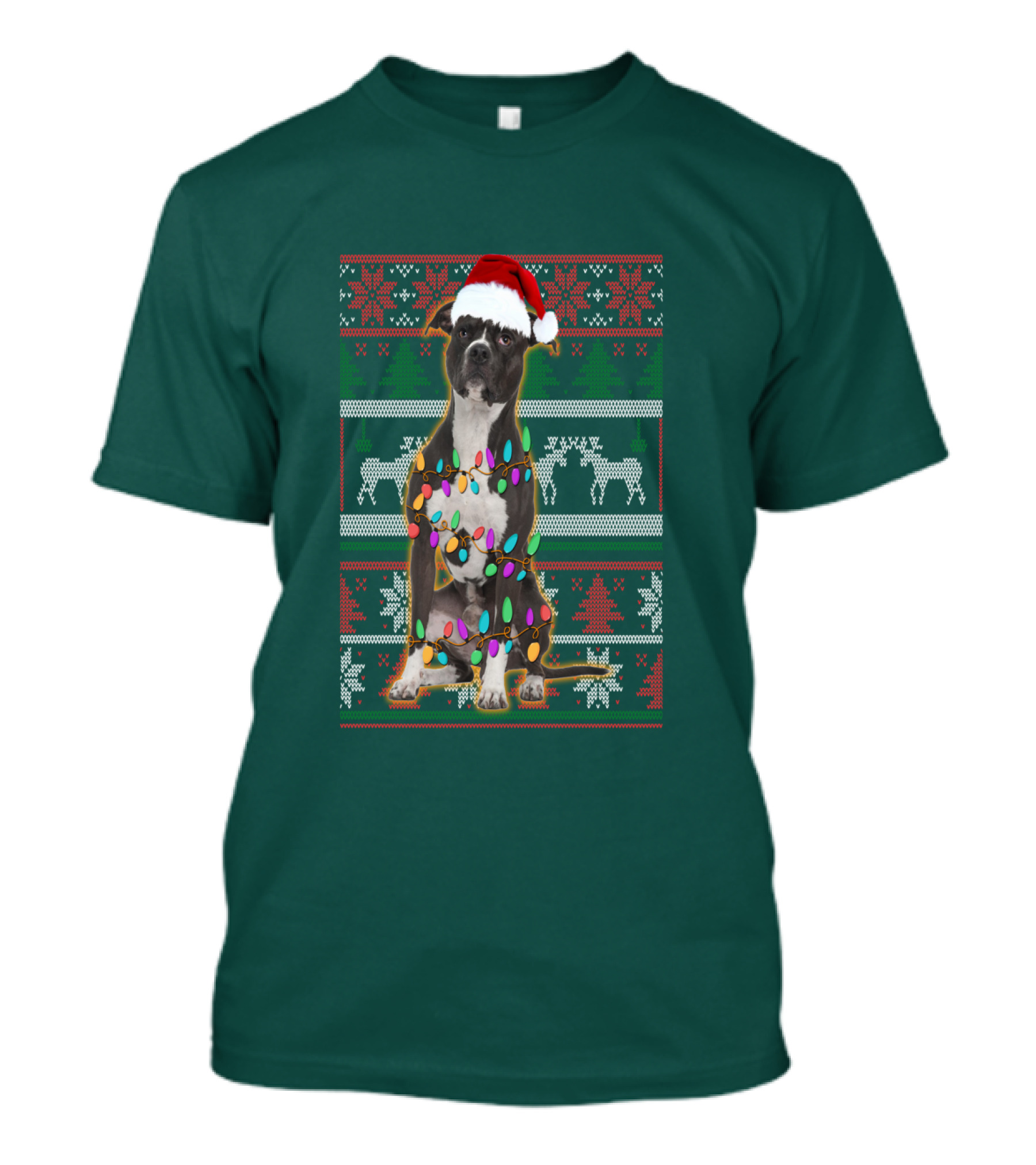 Pitbull Christmas Sweater With Santa Hat And Holiday Lights T-Shirt