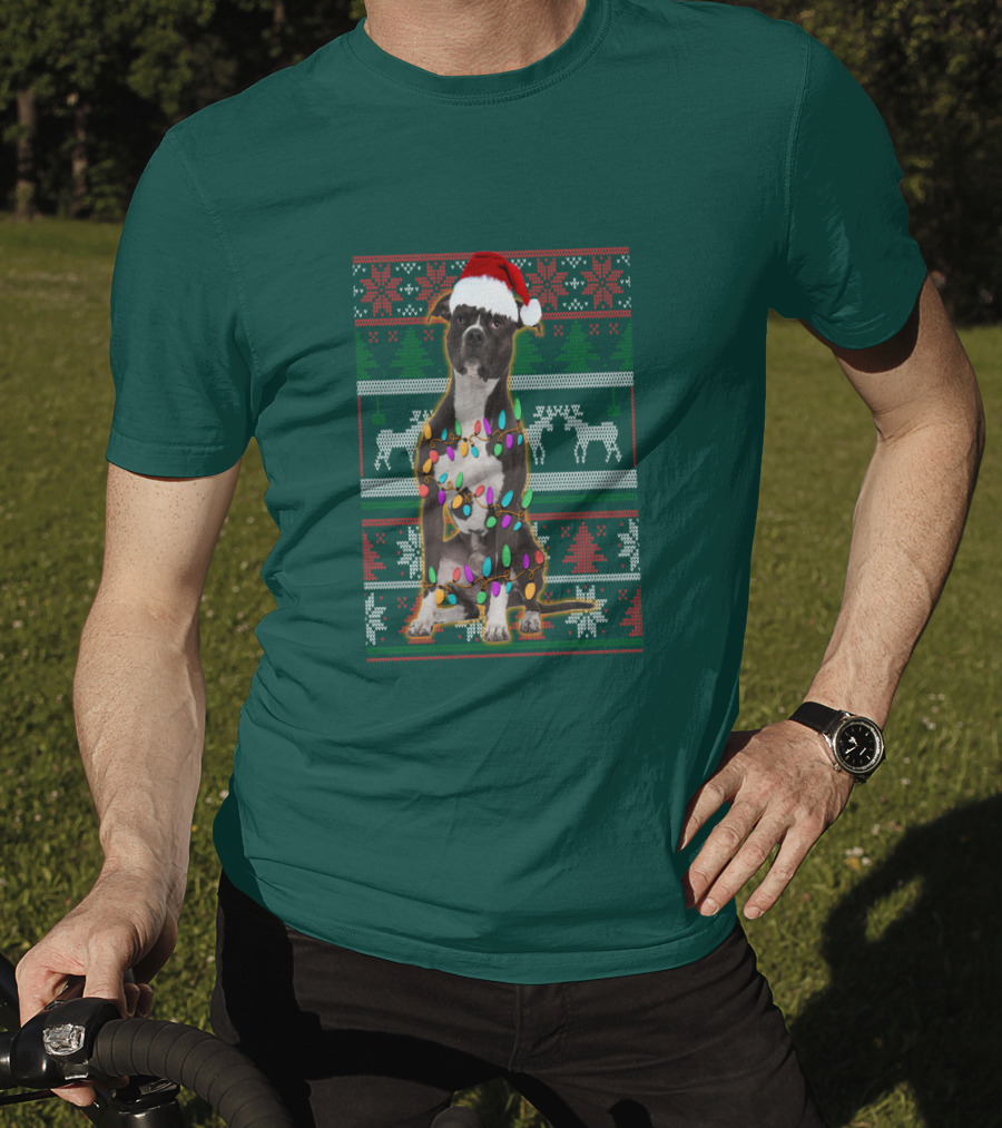 Pitbull Christmas Sweater With Santa Hat And Holiday Lights T-Shirt