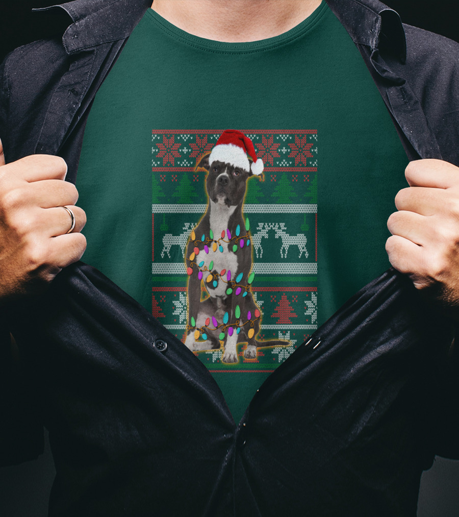 Pitbull Christmas Sweater With Santa Hat And Holiday Lights T-Shirt