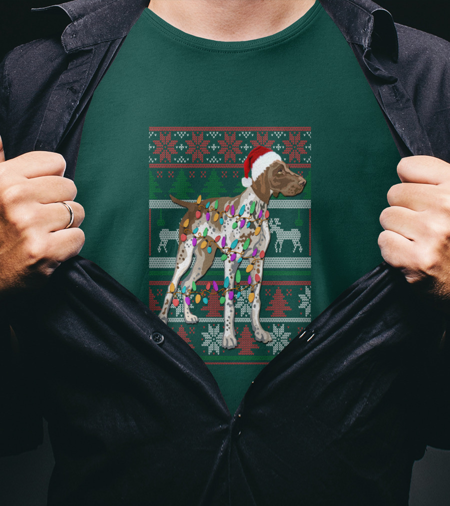 Pointer Christmas Ugly Sweater Santa Hat Lights T-Shirt