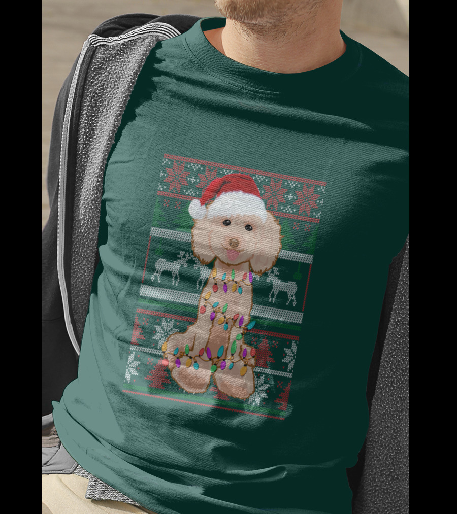 Poodle Santa Hat Christmas Lights Ugly Sweater Reindeer Snowflakes T-Shirt