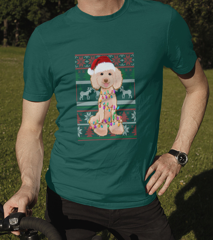 Poodle Santa Hat Christmas Lights Ugly Sweater Reindeer Snowflakes T-Shirt