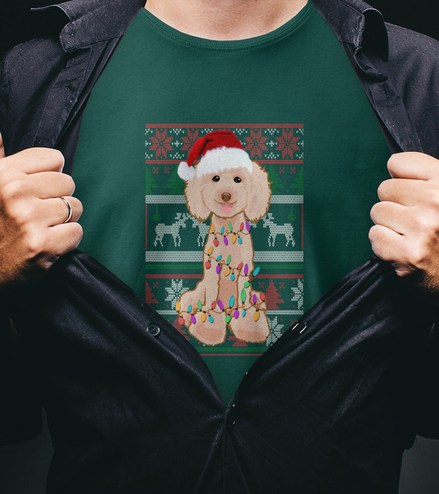 Poodle Santa Hat Christmas Lights Ugly Sweater Reindeer Snowflakes T-Shirt