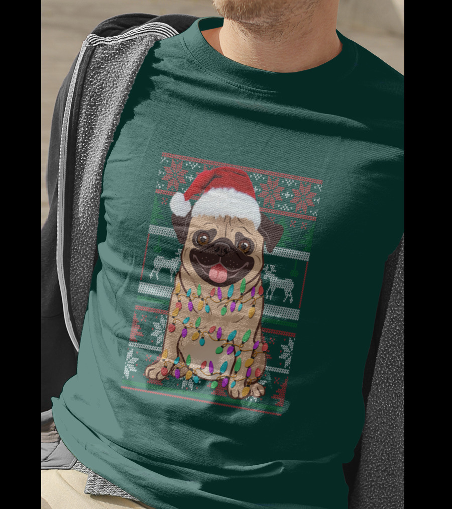 Pug Christmas Santa Hat Holiday Lights Sweater Reindeer T-Shirt