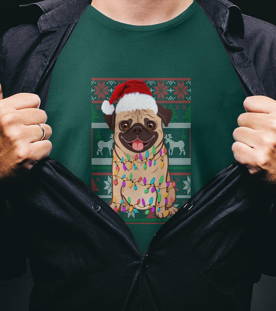 Pug Christmas Santa Hat Holiday Lights Sweater Reindeer T-Shirt