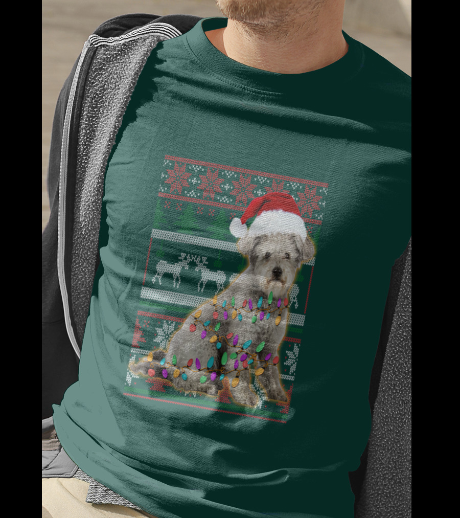 Pumi Dog Christmas Lights Santa Hat Ugly T-Shirt