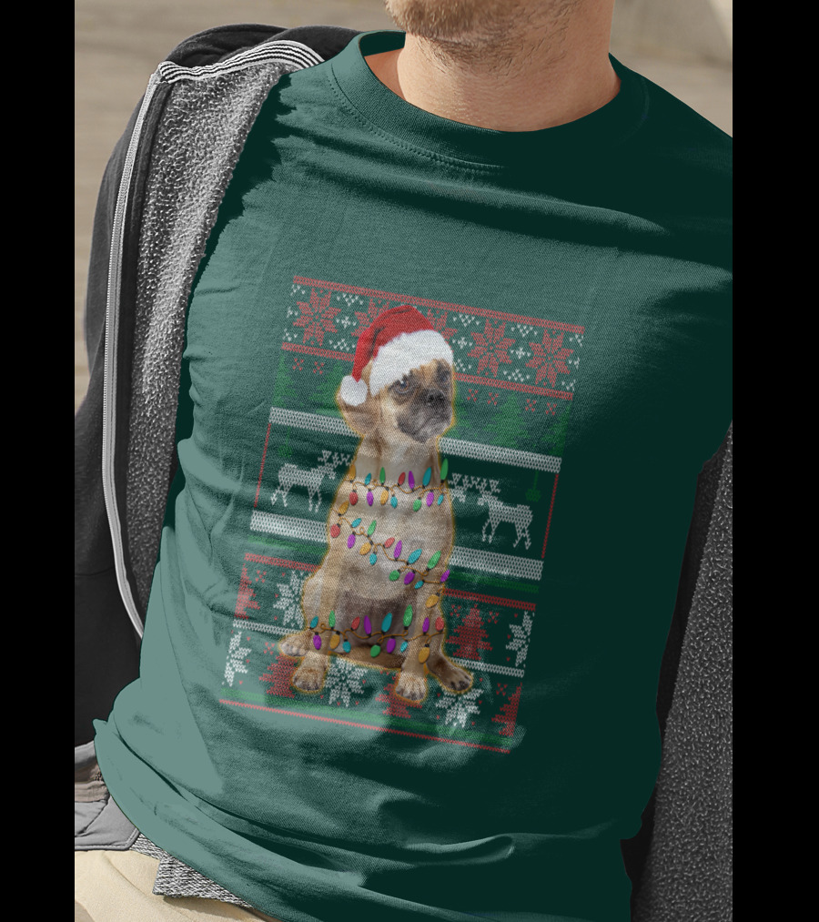 Puggle Christmas Santa Hat With Holiday Lights T-Shirt