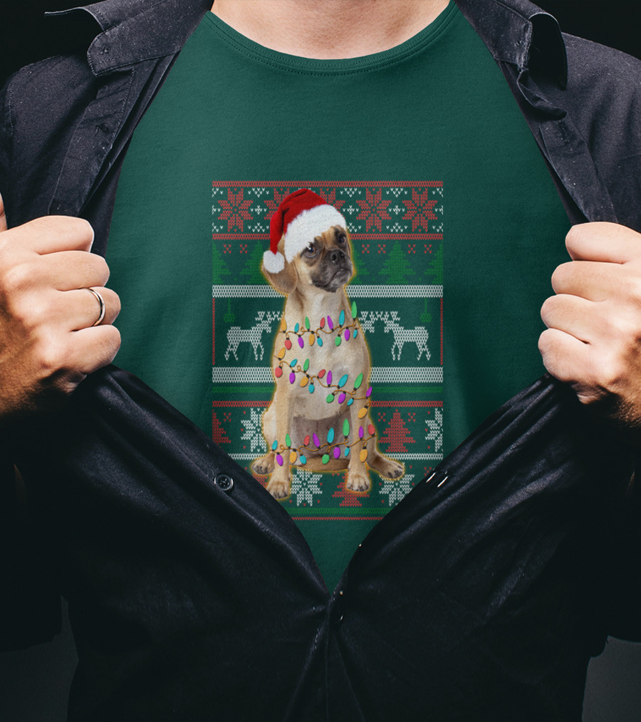 Puggle Christmas Santa Hat With Holiday Lights T-Shirt