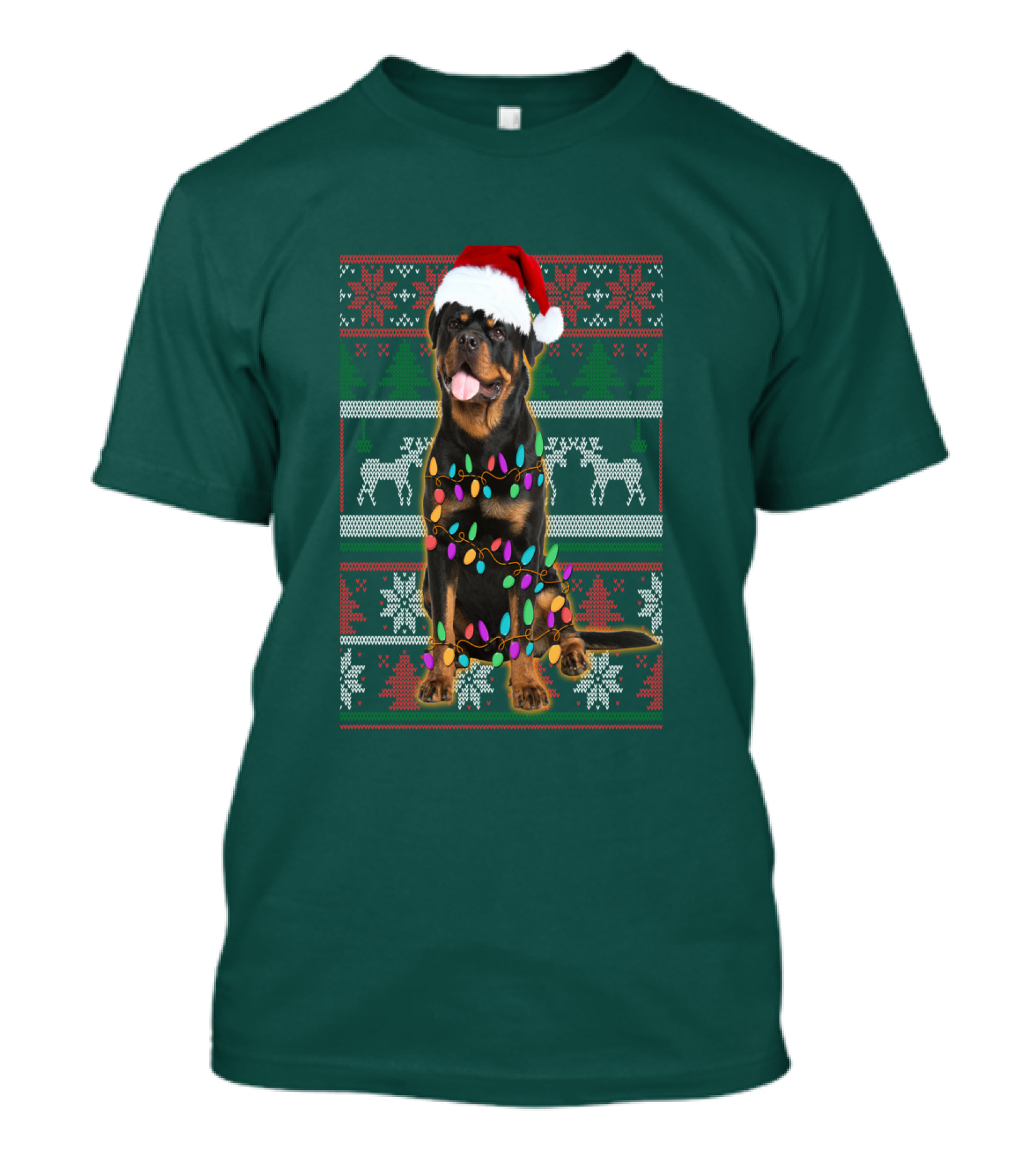 Rottweiler Christmas Lights Ugly Sweater Santa Hat Reindeer Snowflakes T-Shirt