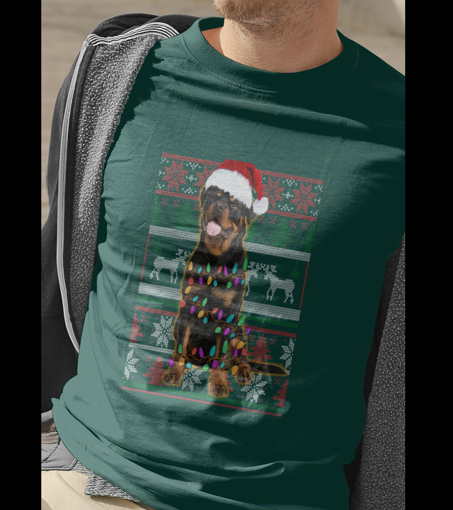 Rottweiler Christmas Lights Ugly Sweater Santa Hat Reindeer Snowflakes T-Shirt