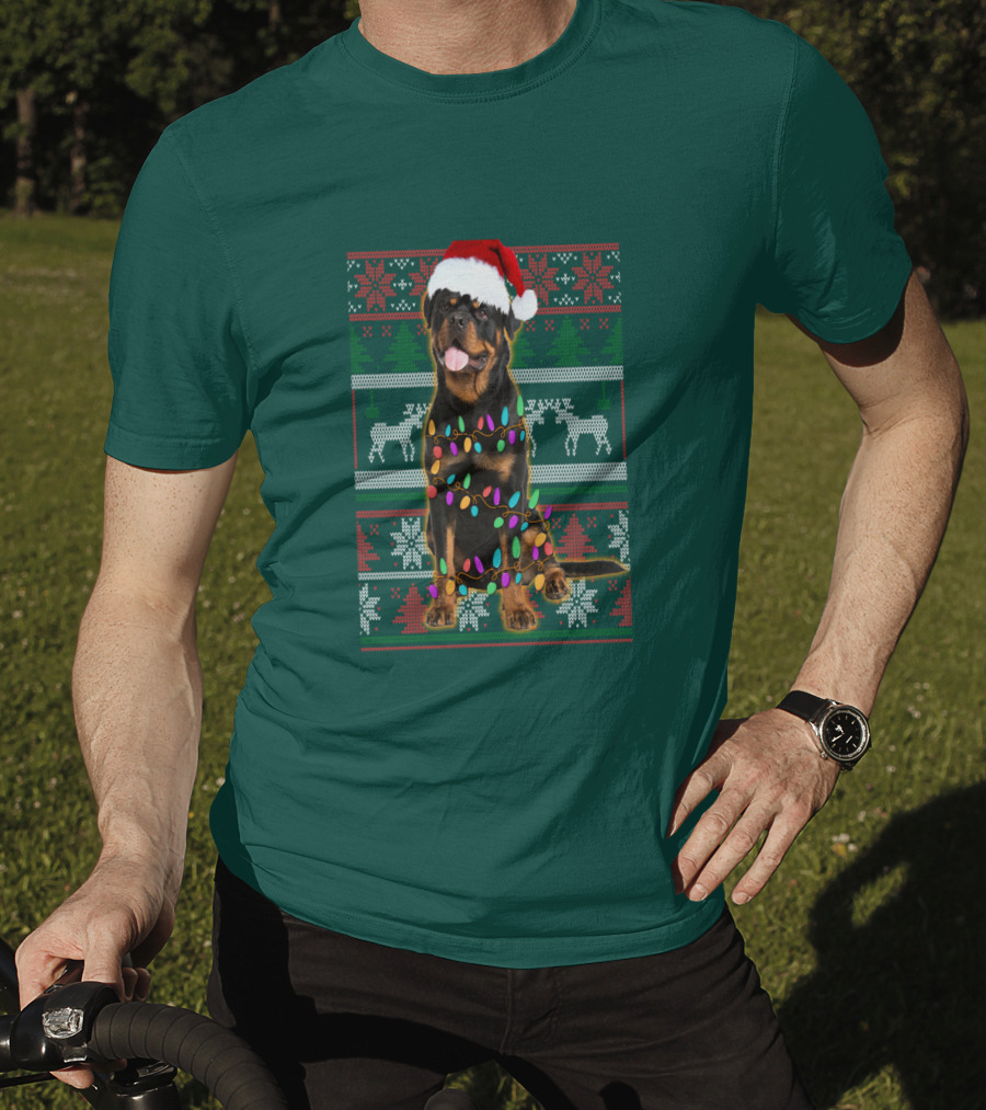 Rottweiler Christmas Lights Ugly Sweater Santa Hat Reindeer Snowflakes T-Shirt