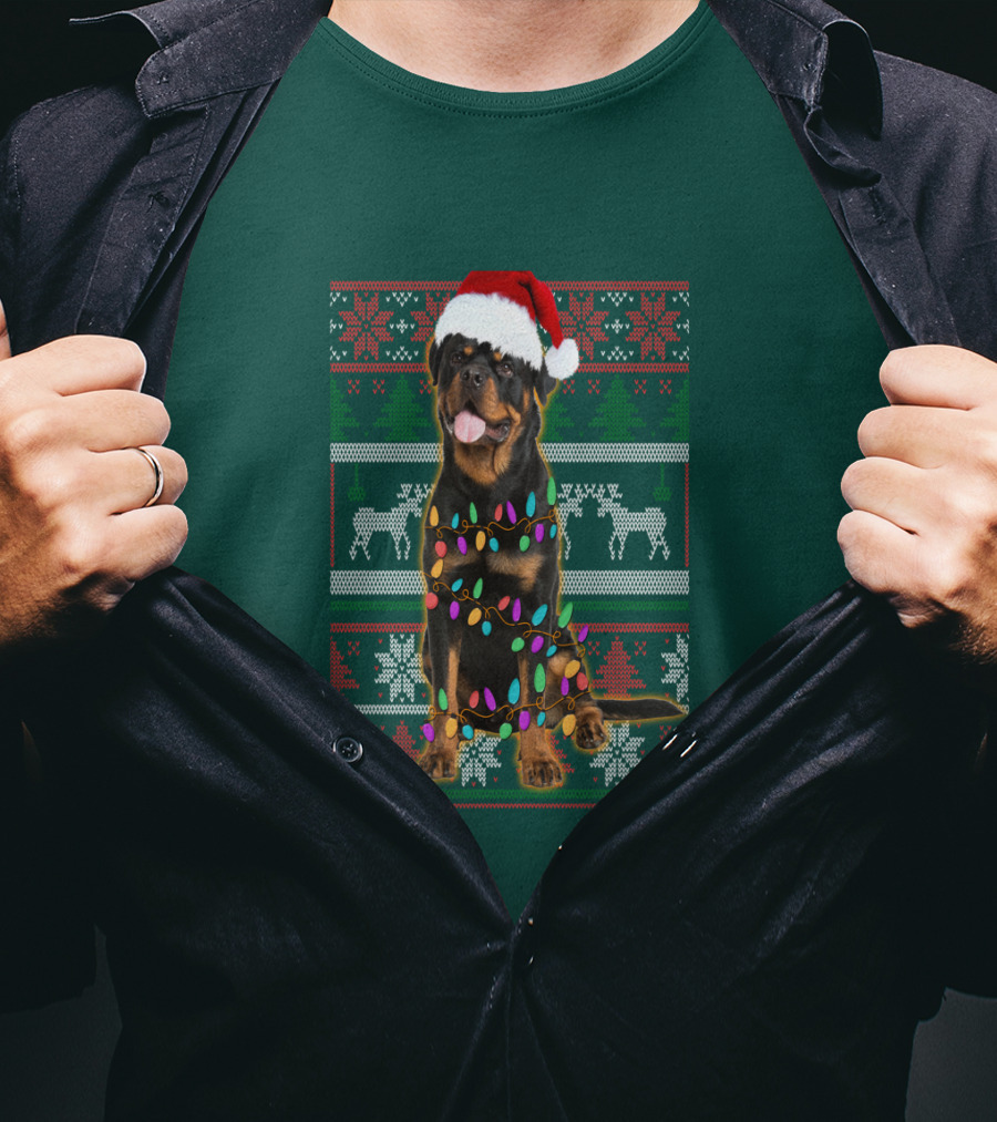 Rottweiler Christmas Lights Ugly Sweater Santa Hat Reindeer Snowflakes T-Shirt