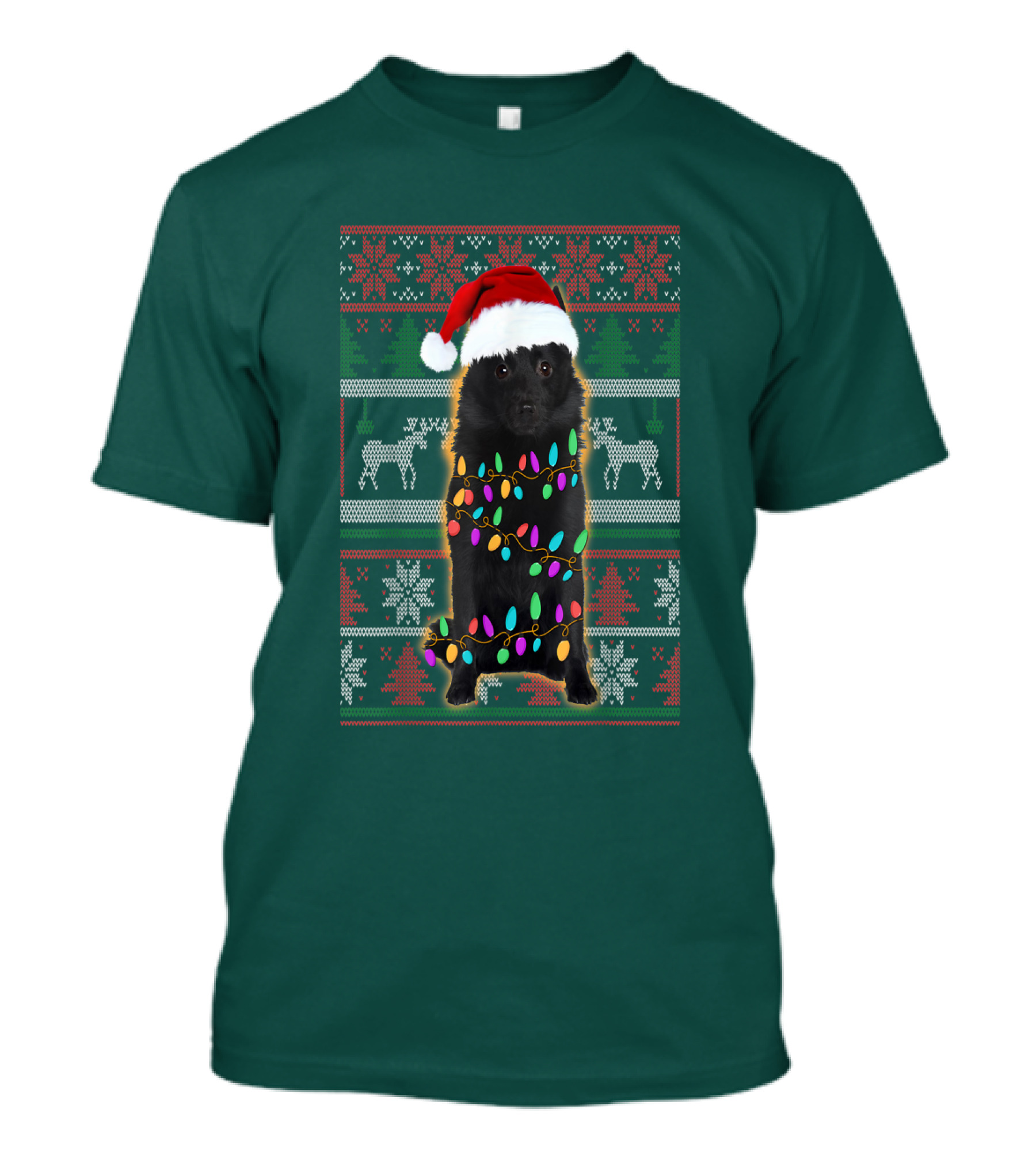 Schipperke Santa Hat Festive Christmas Lights Ugly T-Shirt