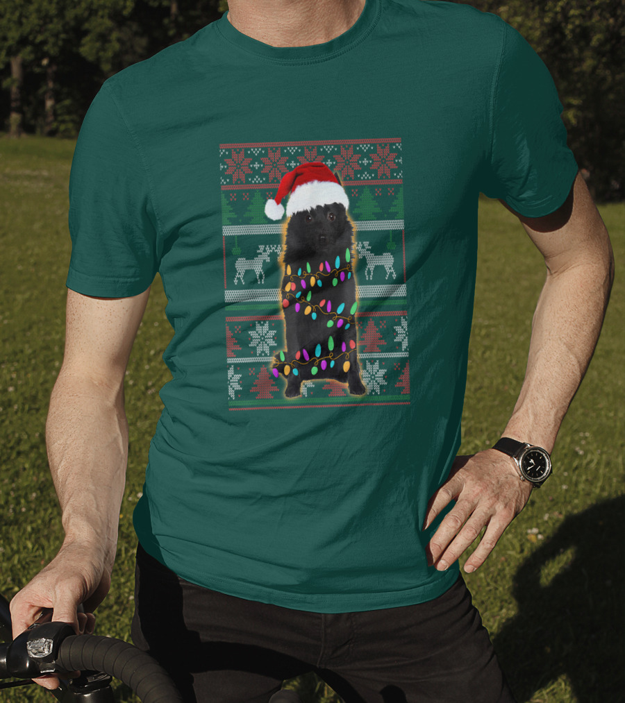 Schipperke Santa Hat Festive Christmas Lights Ugly T-Shirt